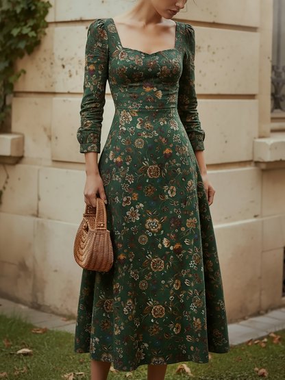 Midi Linen Dress, Long Sleeves, Square Neck, Paisley, Vintage, Green - Green