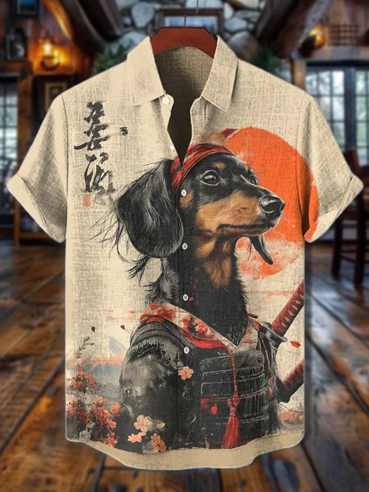 Men's Dachshund Warrior International Dog Day Art Print Casual Shirt - Beige