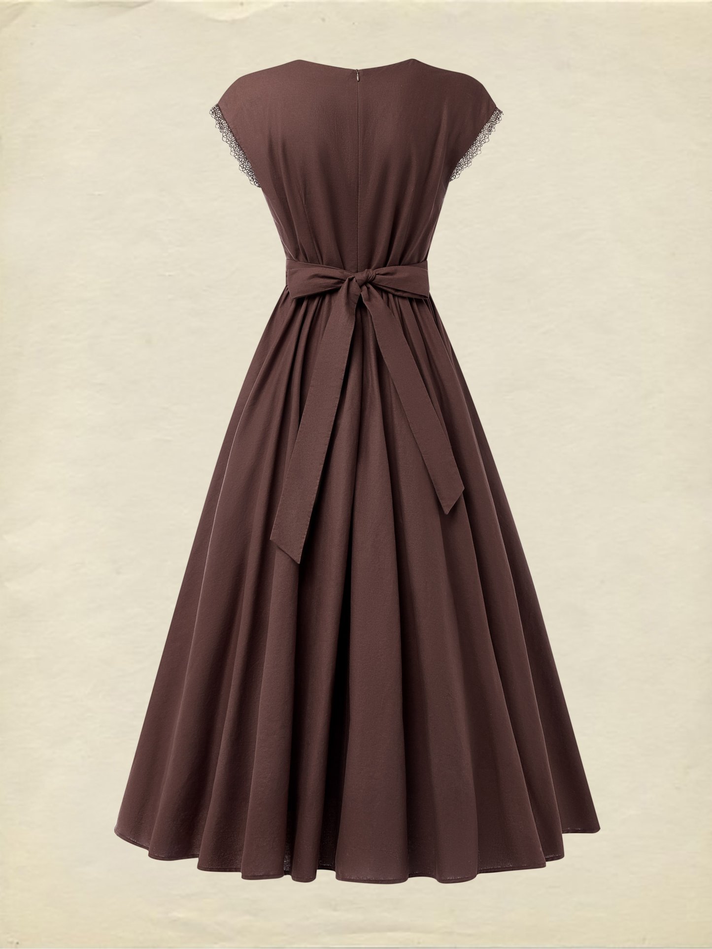 Linen Maxi Dress, Short Sleeve, Lace Collar, Plain, Vintage, CAMEO BROWN - CAMEO BROWN