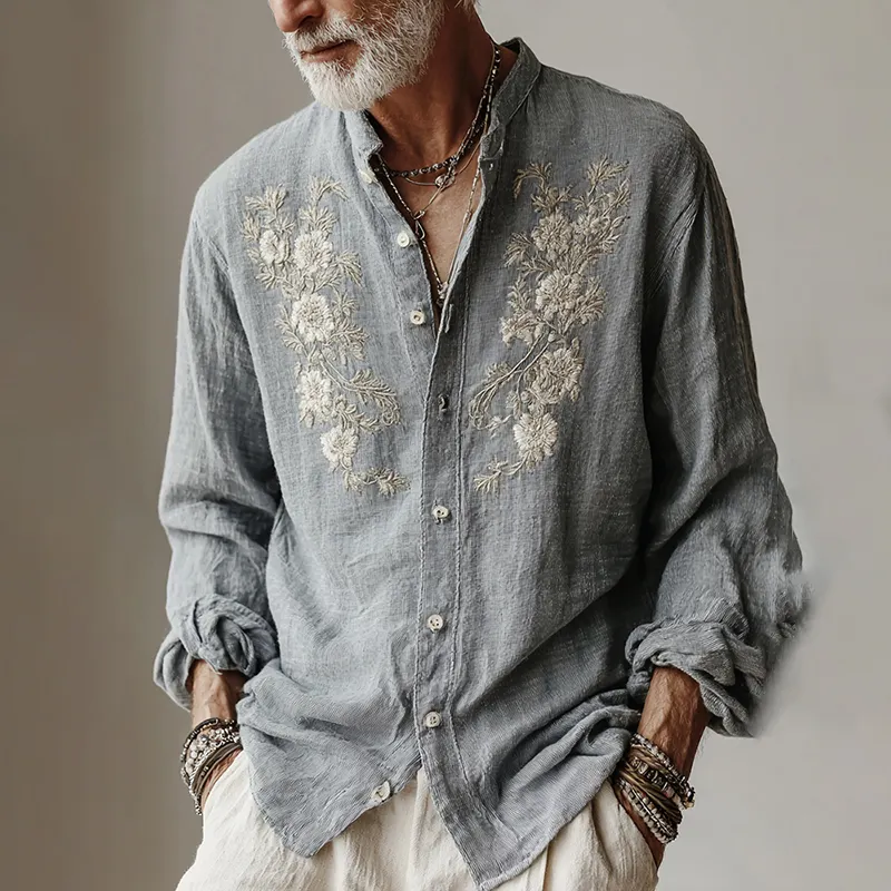 Men's Japanese Floral Art Print Casual Button Shirt - Light blue