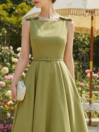 Midi Linen Dress, Sleeveless, Boat Neck, Plain, Bow, French Vintage, Green - Green