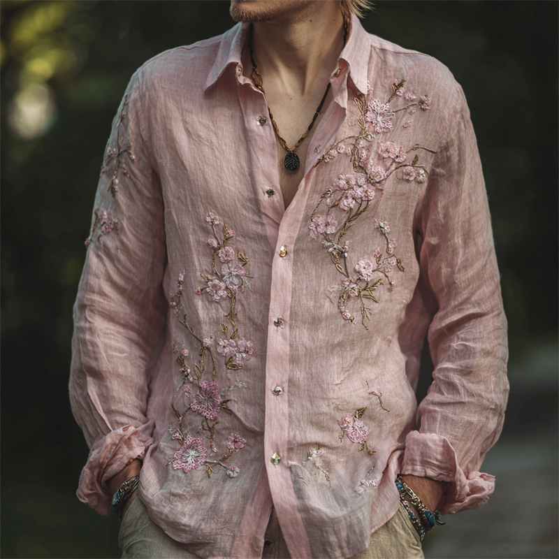 Men's Vintage Pink Cherry Blossom Embroidered Linen Shirt - Pink