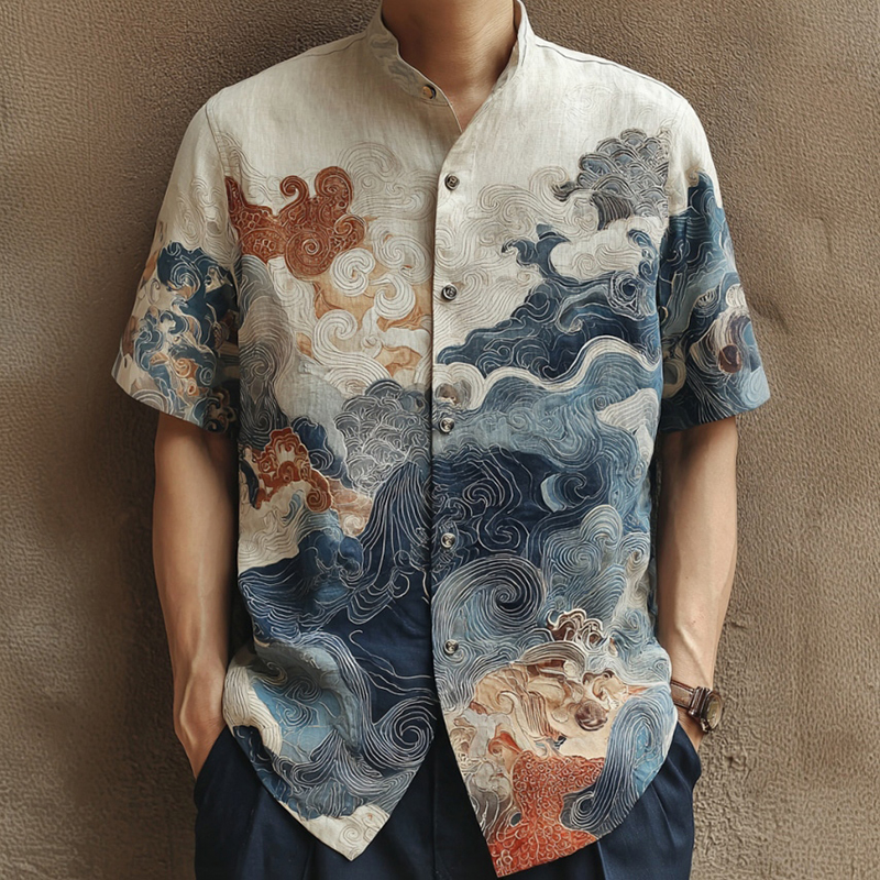 Men's Japanese Art Ocean Pattern Casual Shirt - Blue white