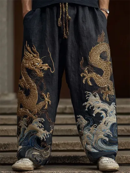 Men's Japanese Gold Dragon Sea Waves Embroidered Linen Pants - Black