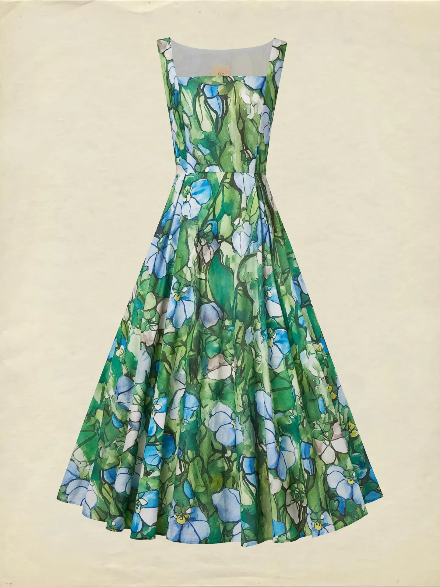 Maxi Linen Dress , Sleeveless, Square Neck, Floral, Church Glass, Vacation, Vintage, Green - Green