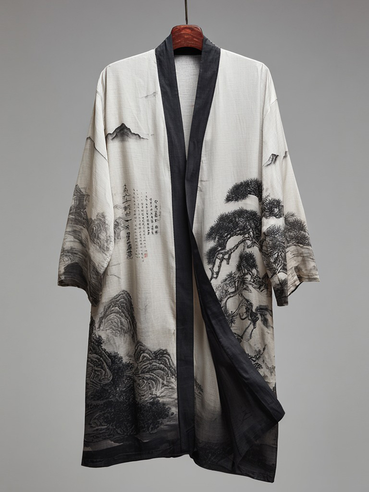 Men's Retro Landscape Painting Art Linen Long Kimono - White