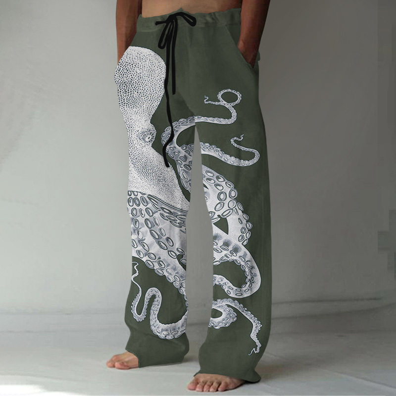 Japanese Art Octopus Graphic Printed Casual Pants - Beige