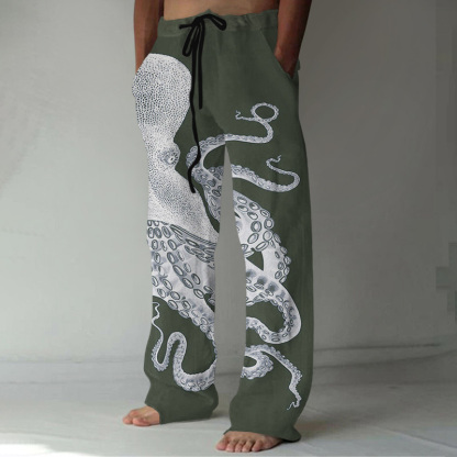 Japanese Art Octopus Graphic Printed Casual Pants - Beige