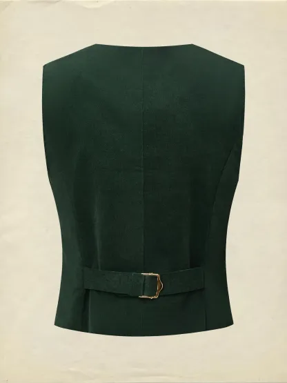 Cotton Vest (Shirt and Skirt Not Included), Sleeveless, V Neck, Plain, Button Design, Vintage, Green - Green