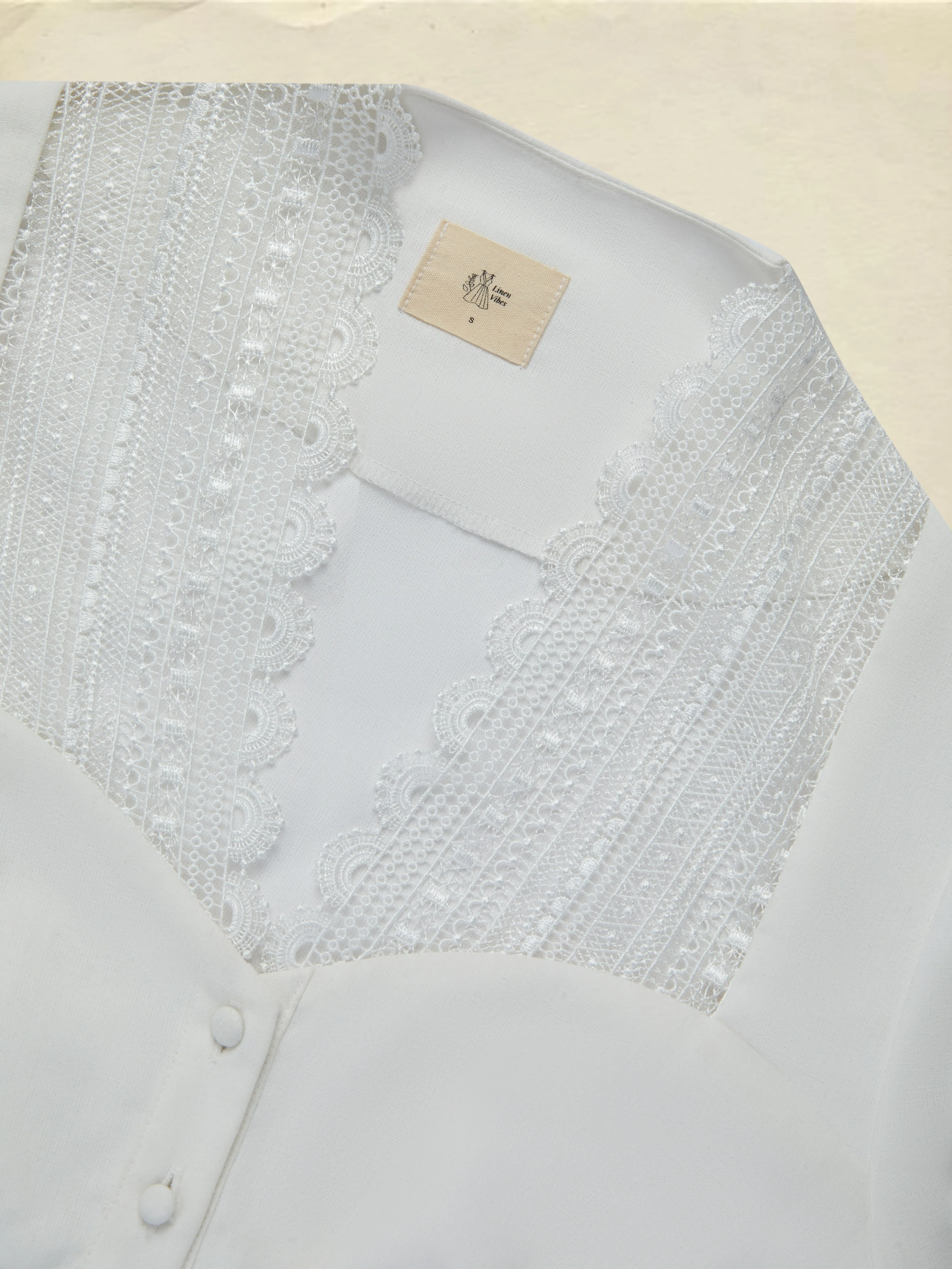 Linen Shirt, Long Sleeves,  Plain, Lace, French Vintage, White - White