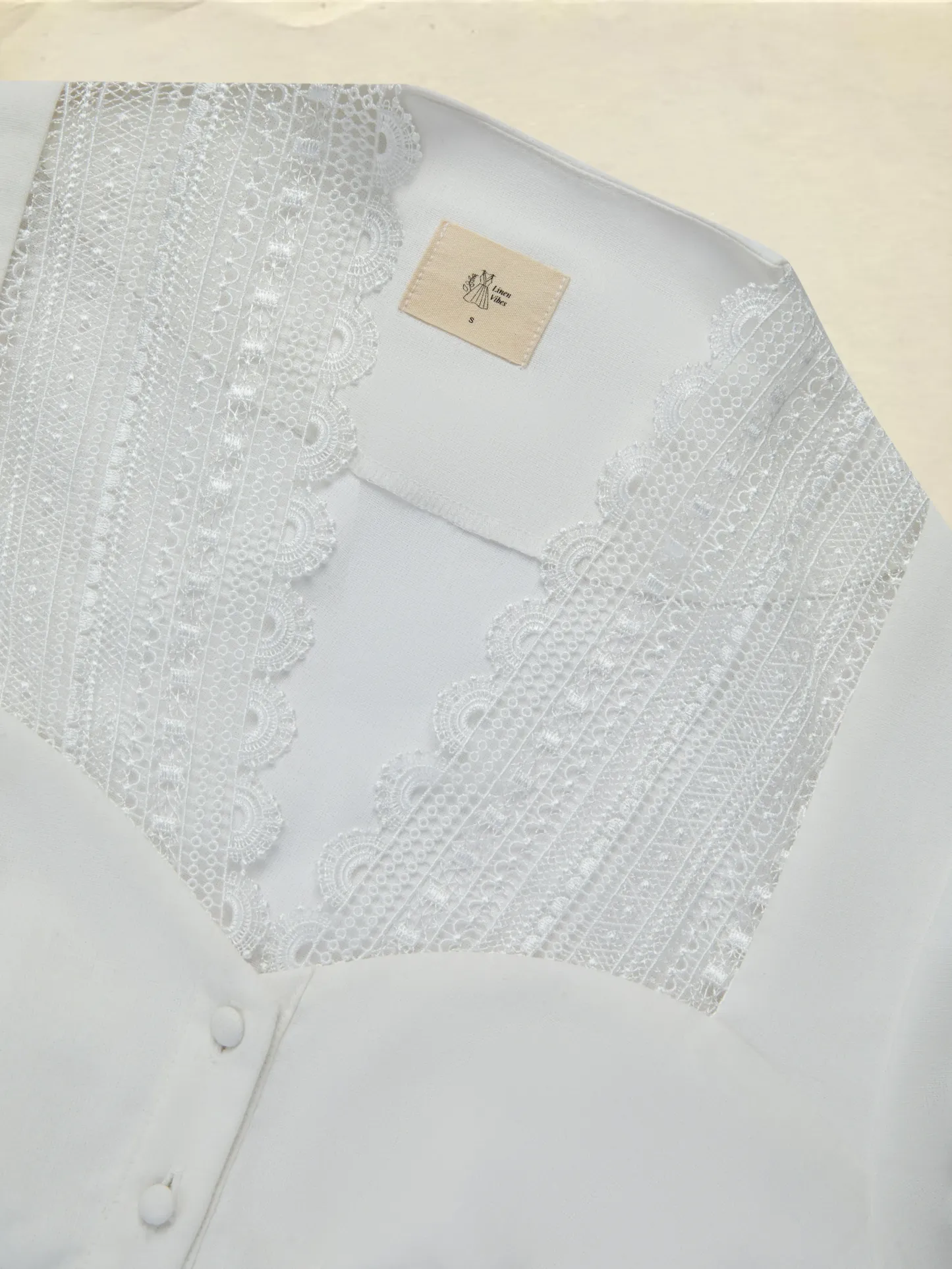 Linen Shirt, Long Sleeves,  Plain, Lace, French Vintage, White - White