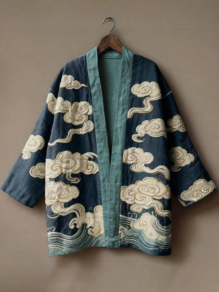 Retro Japanese Auspicious Clouds Art Linen Kimono Cardigan - Blue