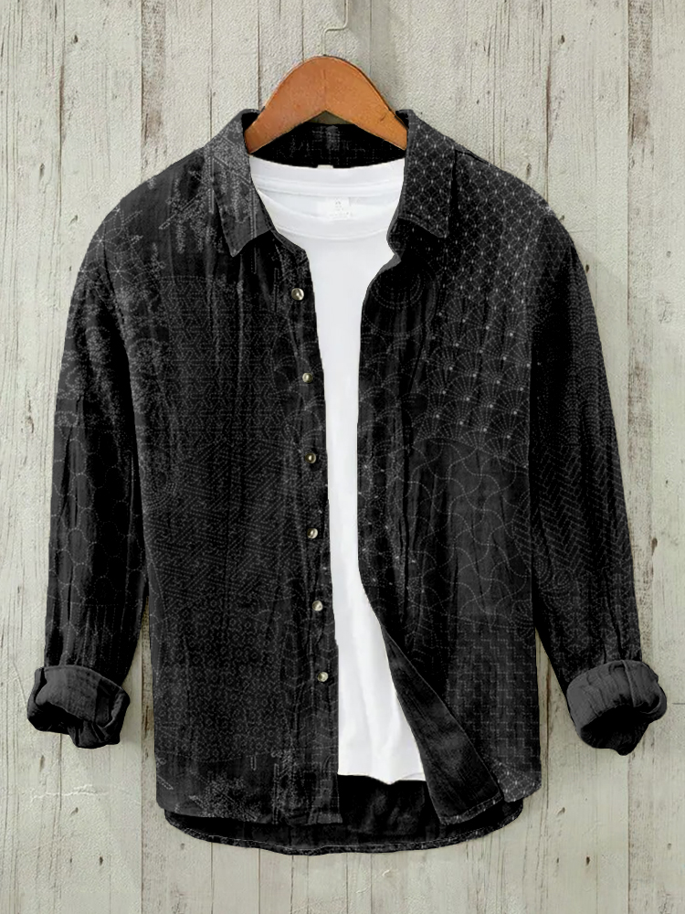 Japanese Traditional Sashiko Art Linen Blend Blouse - Black