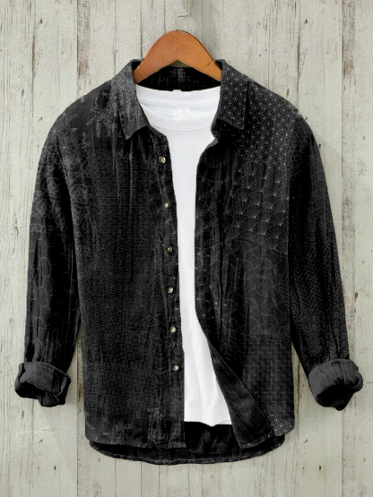 Japanese Traditional Sashiko Art Linen Blend Blouse - Black