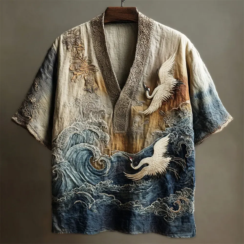 Japanese Embossed Crane Art Men's Linen V-neck Shirt - Black