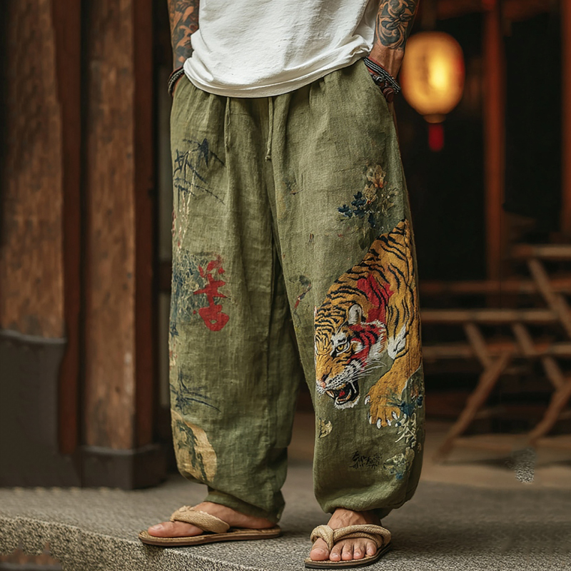 Men's Japanese Tiger Pattern Art Contrast Wide Leg Linen Pants - Green