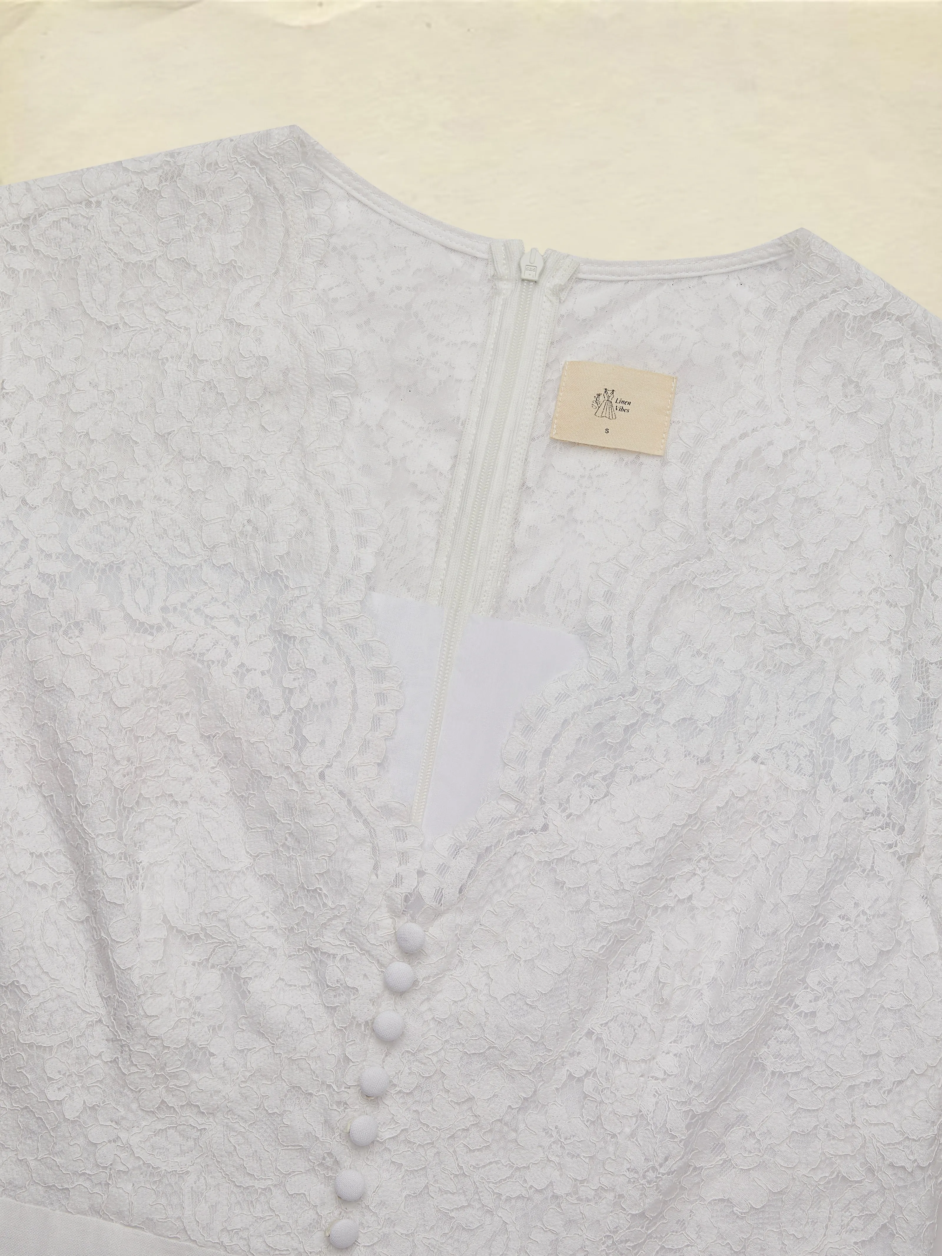 Midi Cotton Dress, Short Sleeves, Plain, Lace, Vacation, Vintage, White - White