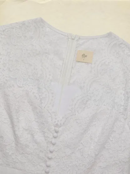 Midi Cotton Dress, Short Sleeves, Plain, Lace, Vacation, Vintage, White - White