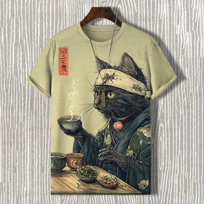 Men's Cat Drinking Tea Japanese Tea Ceremony Art Print T-shirt - Green
