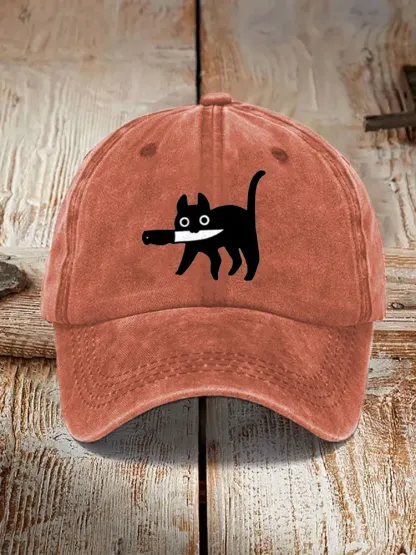 Funny Black Cat Print Washed Hat - Orange