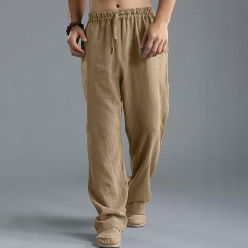 Men'S Vintage Drawstring Casual Cotton Linen Pants - Black