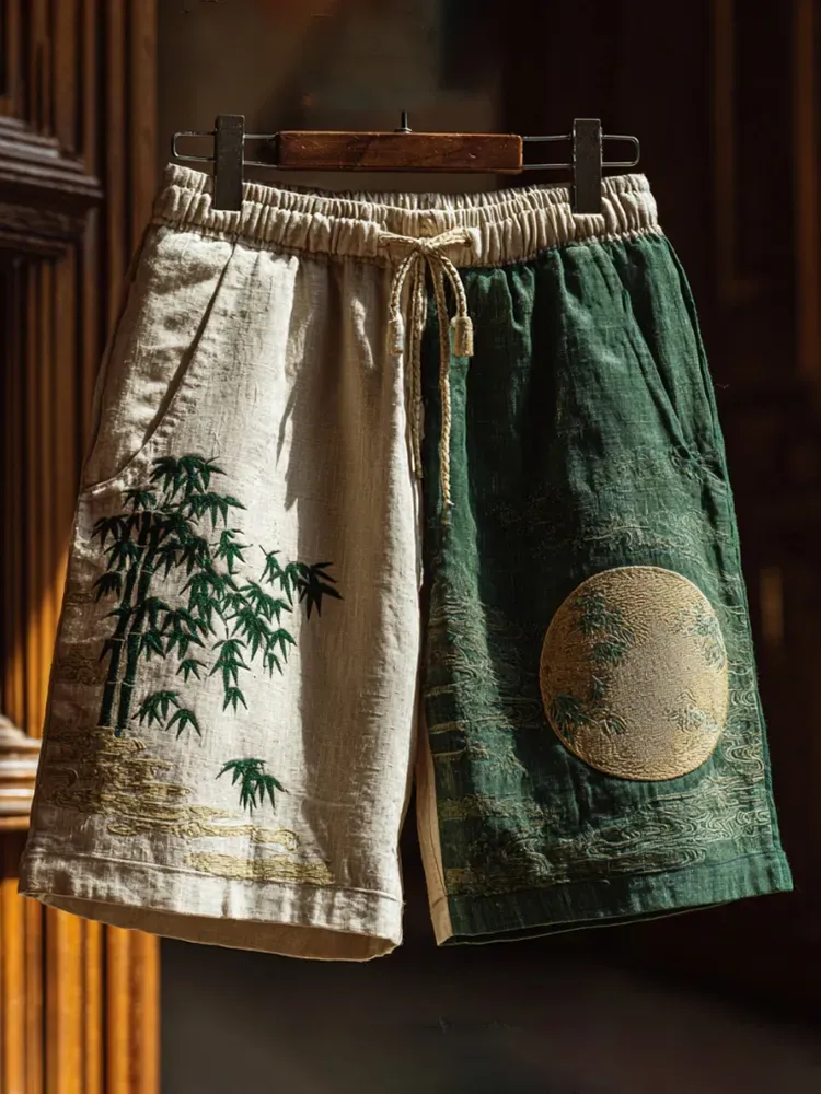 Japanese Bamboo Forest Full Moon Night Art Print Linen Blend Casual Shorts - Green khaki