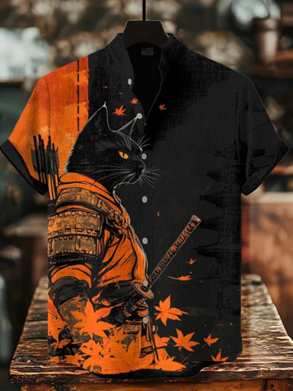 Men's Black Cat Warrior And Maple Leaf Temple Print Casual Shirt - Black