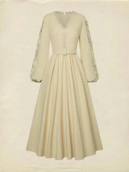 Midi Linen Dress, Long Sleeves, Plain, Lace, French Vintage, Apricot - Apricot