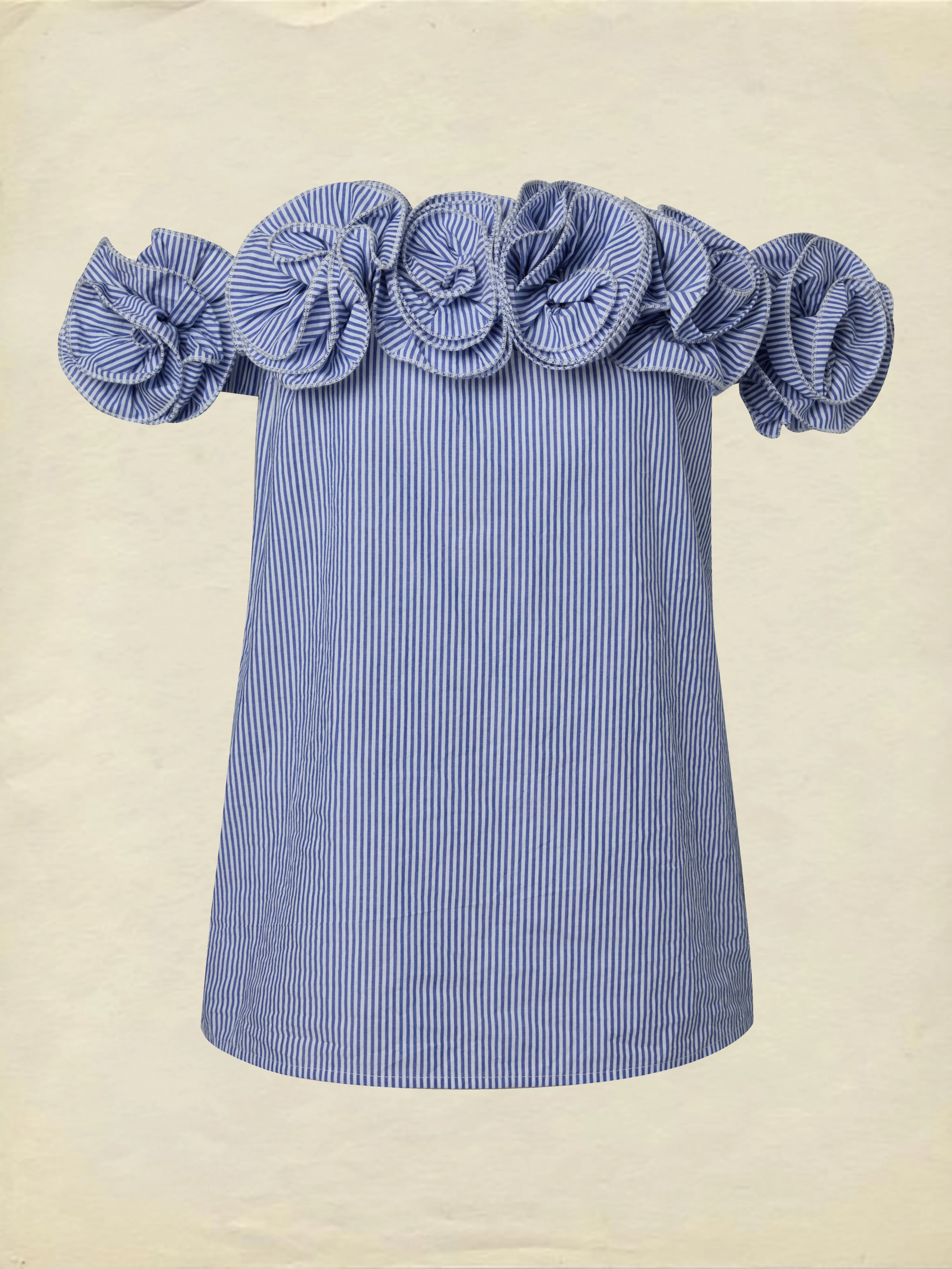 Linen Blouse, Sleeveless, Off The Shoulder, Striped, 3D Floral, French Vintage, Blue - Blue