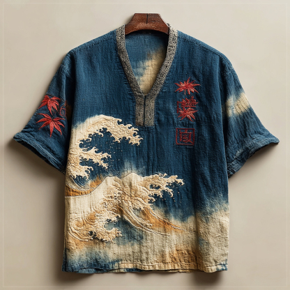 Vintage Japanese Maple & Wave Art Men's Linen V-neck Shirt - Blue