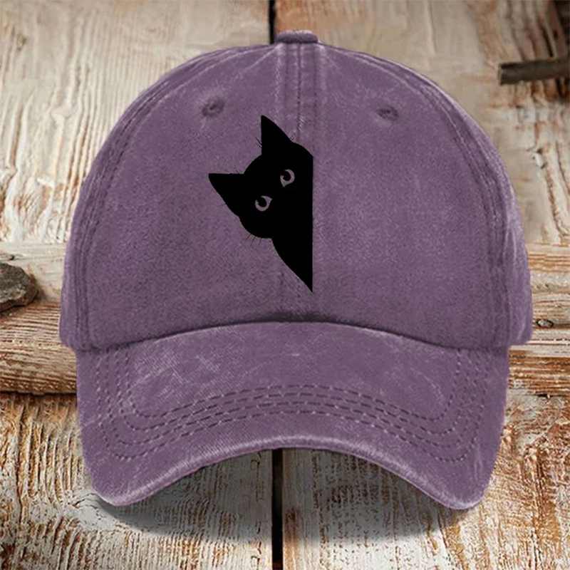 Japanese Art Black Cat Print Washed Sun Hat - Dark gray