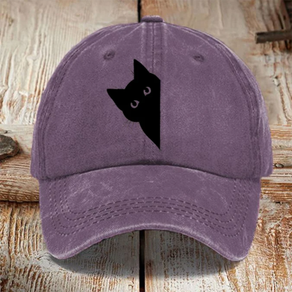 Japanese Art Black Cat Print Washed Sun Hat - Dark gray