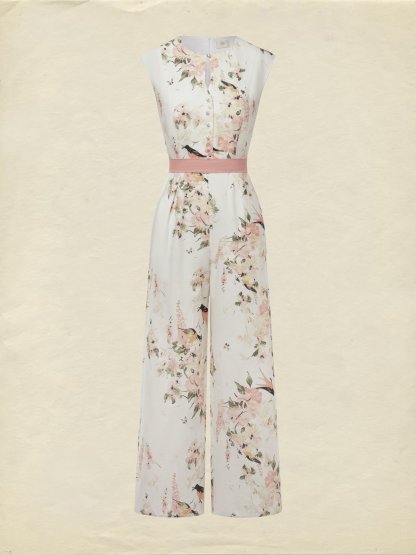 Linen Jumpsuit , Sleeveless, Round Neck, Floral, Button Design, Vacation, Vintage, White - White