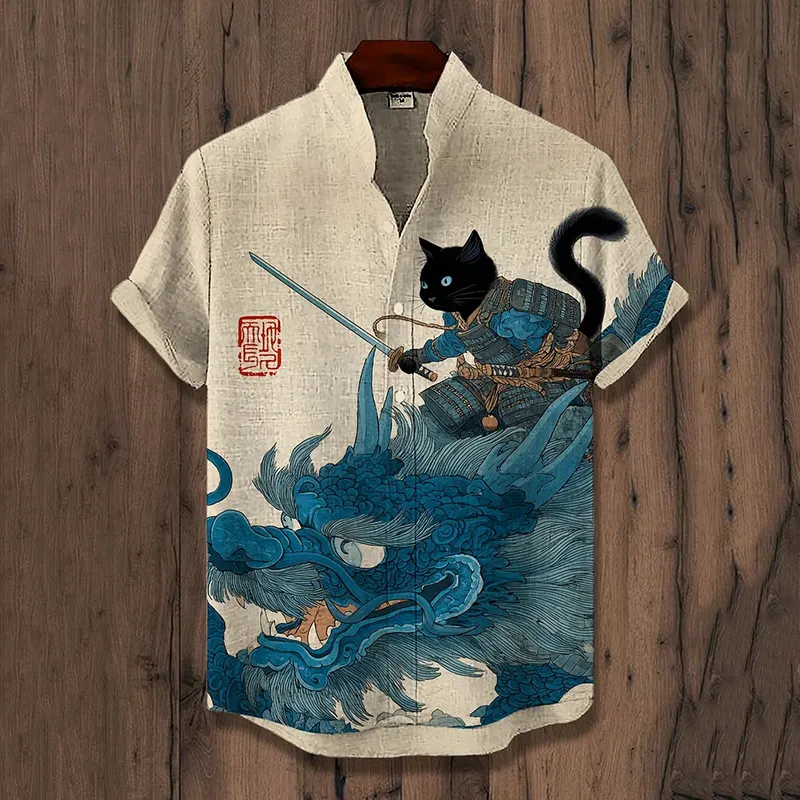 Men's Samurai Cat And Dragon Art Print Casual Shirt - Khaki