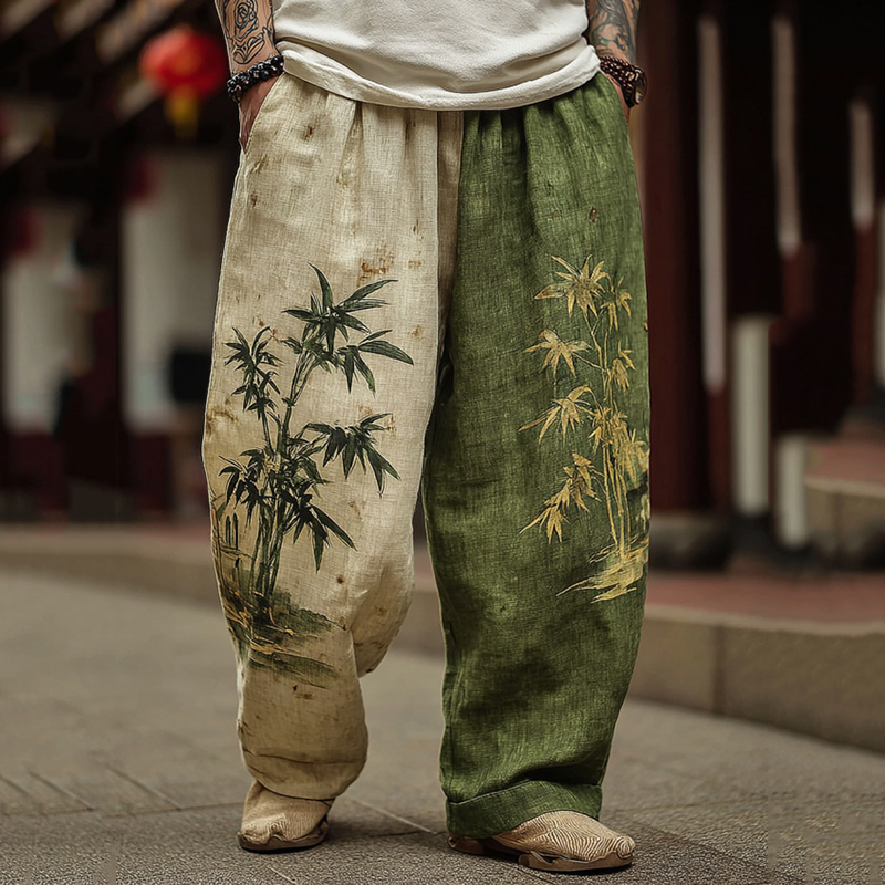 Men's Japanese Bamboo Art Contrast Wide Leg Linen Pants - Green
