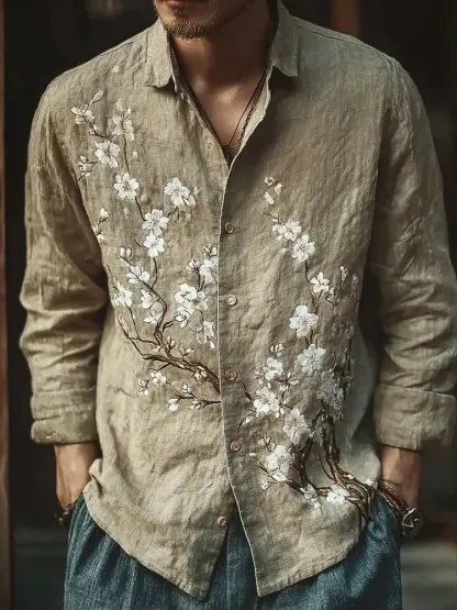 Bohemian Retro Style Floral Print Men's Long-sleeve Shirt - Beige
