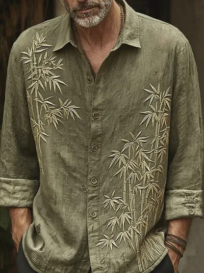 Men's Vintage Bamboo Embroidery Art Long Sleeve Shirt - Army Green