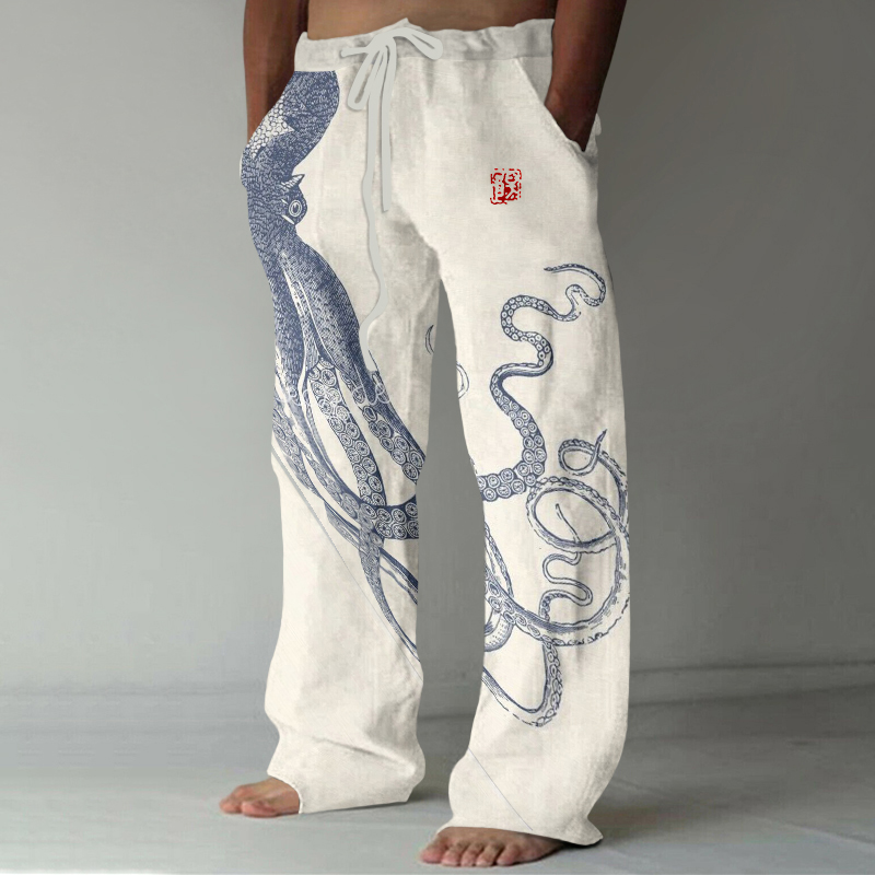 Japanese Art Octopus And Crab Print Casual Linen Blend Pants - Black