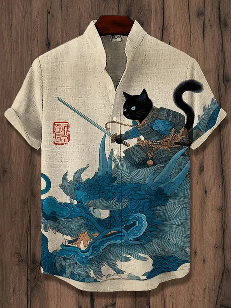 Men's Samurai Cat And Dragon Art Print Casual Shirt - Khaki