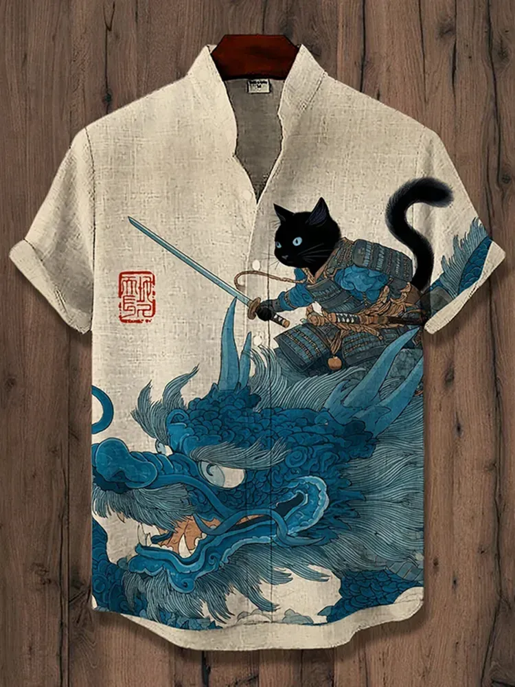 Men's Samurai Cat And Dragon Art Print Casual Shirt - Khaki