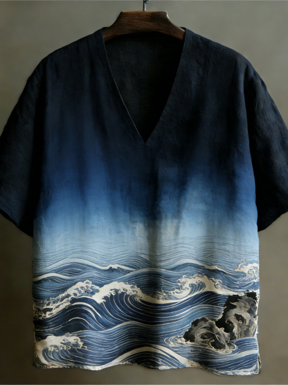 Japanese Ocean Gradient Pattern Linen Short Sleeve V-neck Shirt - Blue