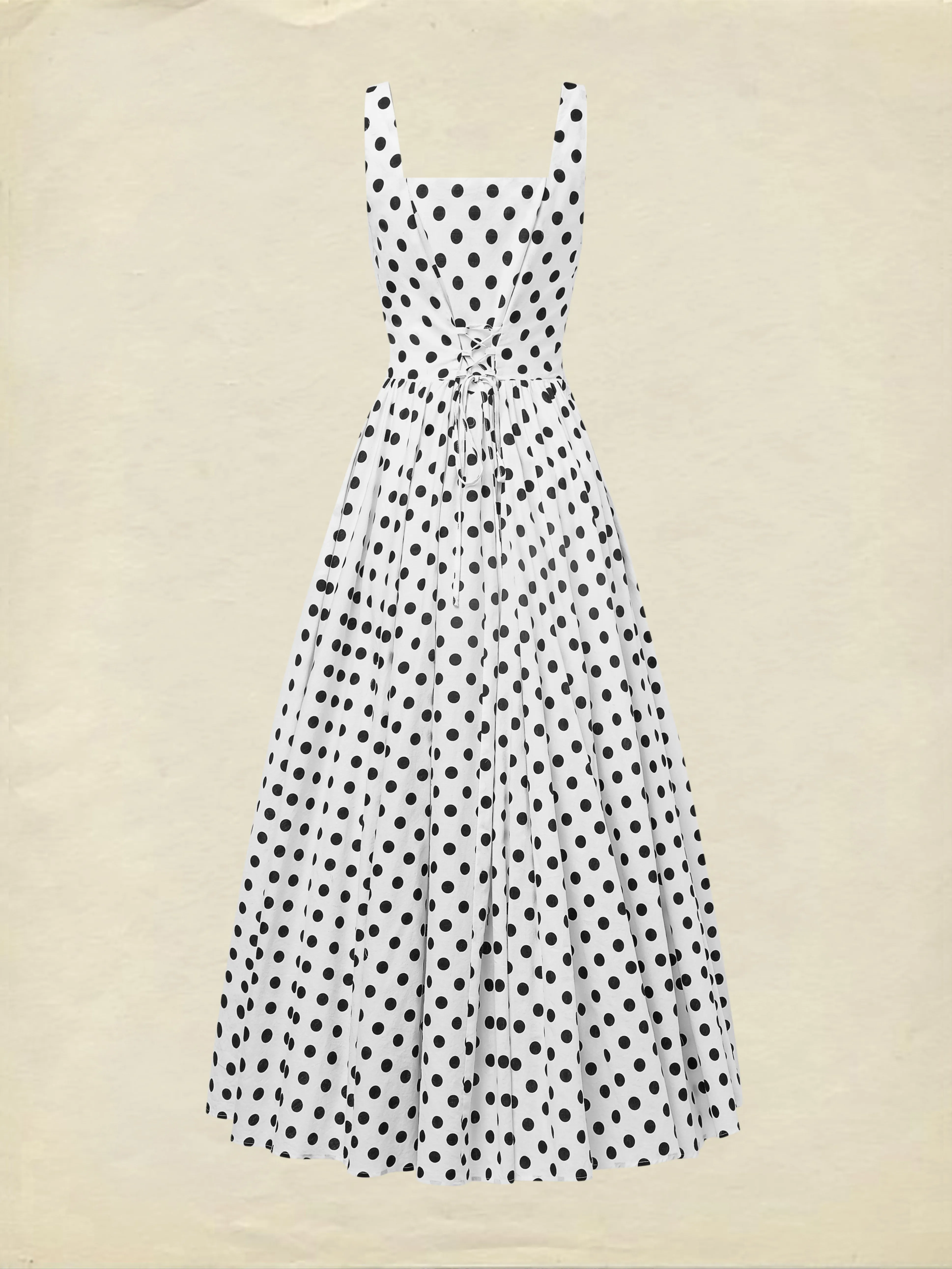 Maxi Cotton Dress , Sleeveless, Square Neck, Polka Dots, Suspenders, Vintage, White - White