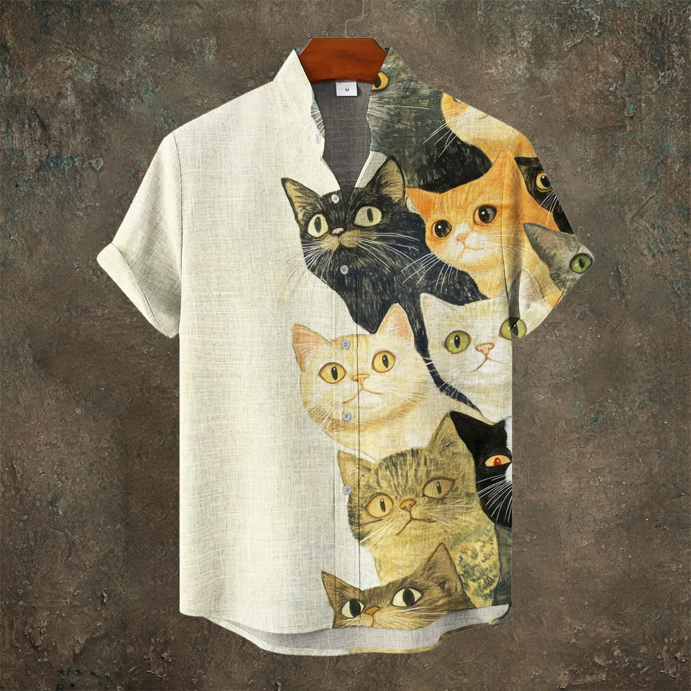 Vintage Japanese Cat Print Men's Linen Short Sleeve Shirt - Beige