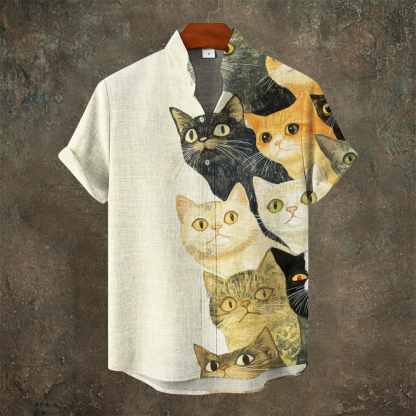 Vintage Japanese Cat Print Men's Linen Short Sleeve Shirt - Beige