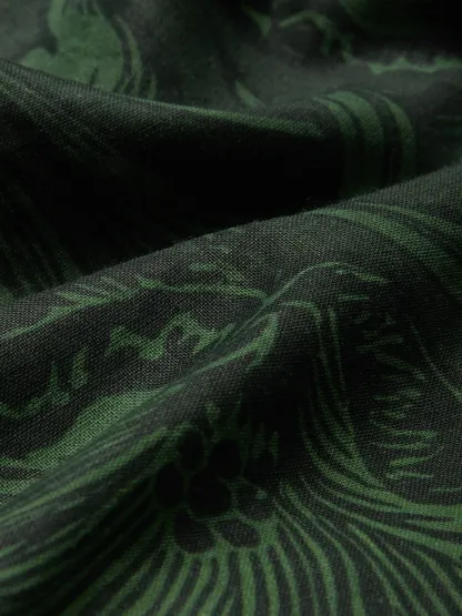 Maxi Linen Dress, Half Sleeve, V Neck, Floral, Vacation, Vintage, Deep Green - Deep Green