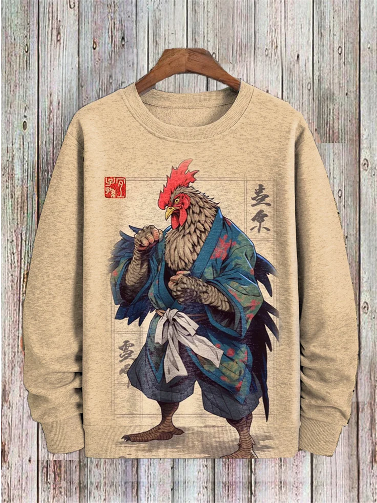 Men's Japanese Traditional Ink Rooster Samurai Art Print Sweatshirt - Khaki