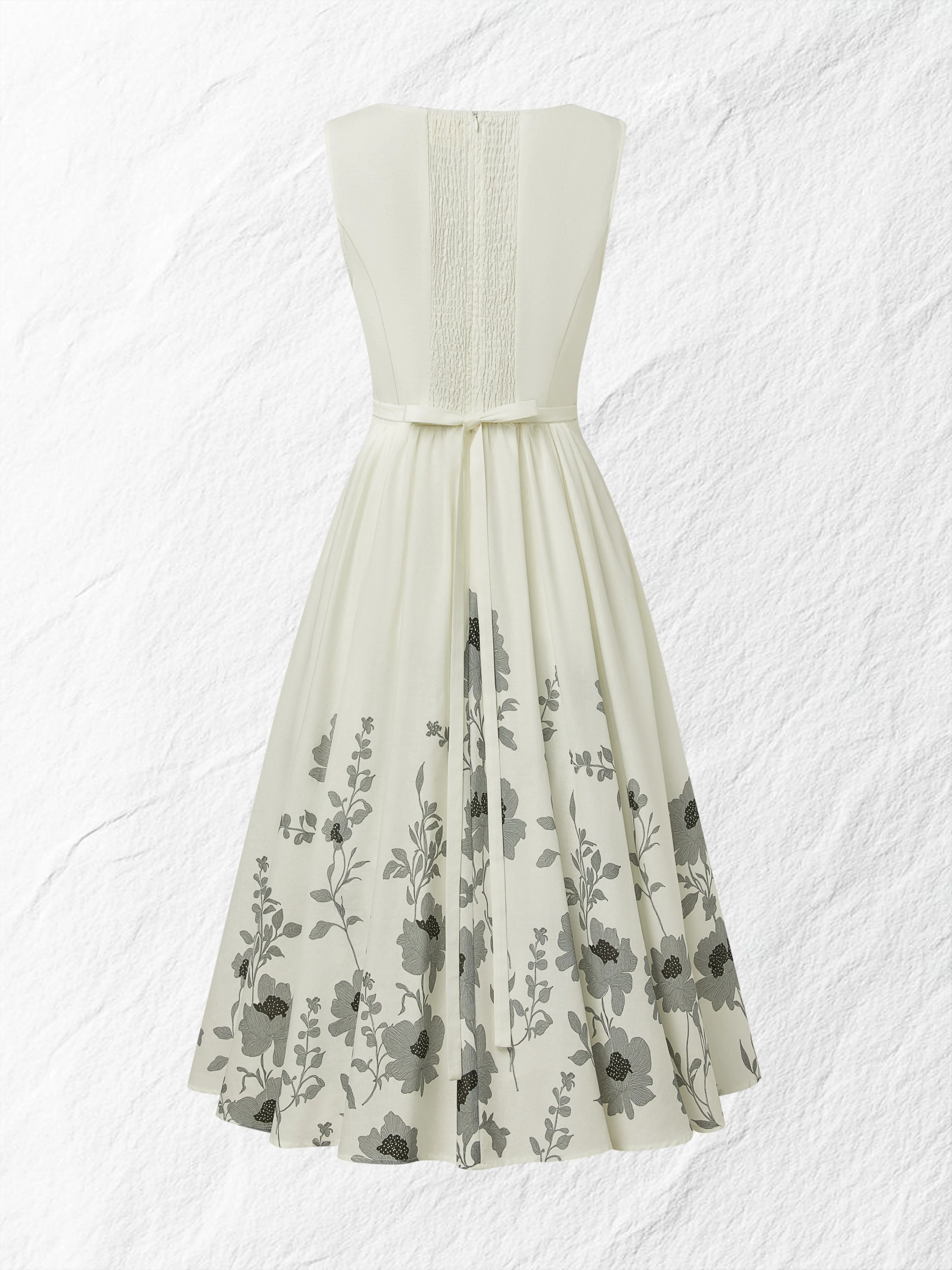 Midi Linen Dress , Sleeveless, Round Neck, Floral, Vacation, Vintage, White - White