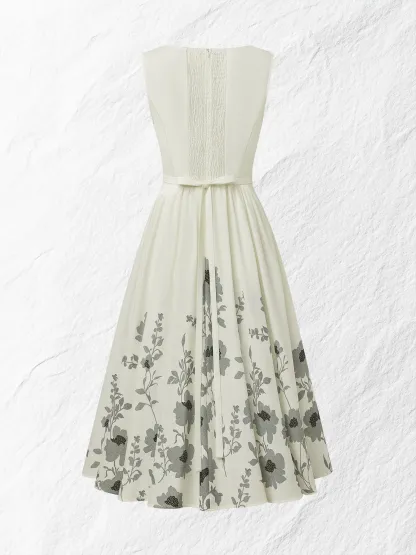 Midi Linen Dress , Sleeveless, Round Neck, Floral, Vacation, Vintage, White - White