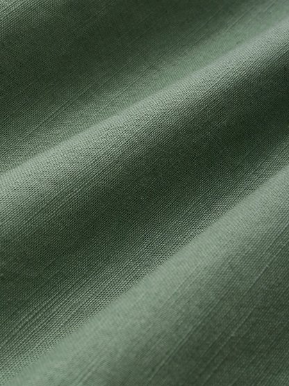 Midi Cotton Dress, Casual, Plain, Pocket Stitching, Half Open Collar, Half Sleeve, Vintage, Green  - Green