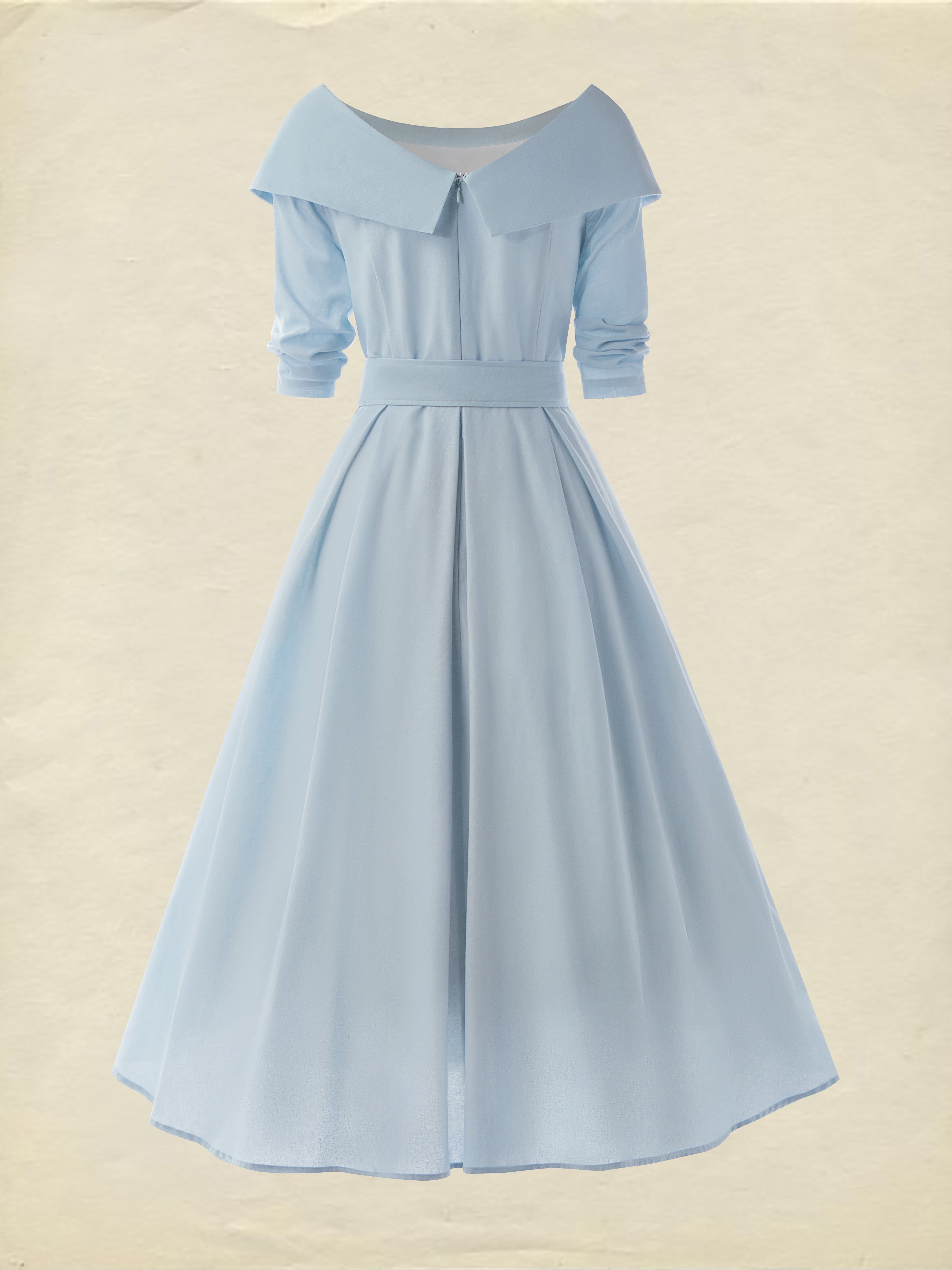 Midi Cotton Dress , Long Sleeves, Off Shoulder, Plain, Belt Design, French Vintage, Sky Blue - Sky Blue